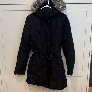 Women's Black Belted North Face Parka with Faux Fur Hood